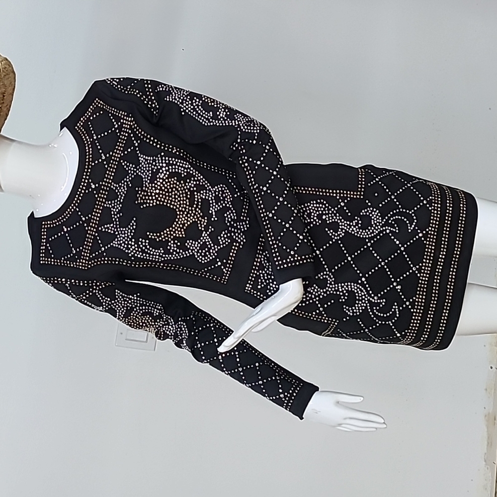 Chic Studded Black Long Sleeve Dress